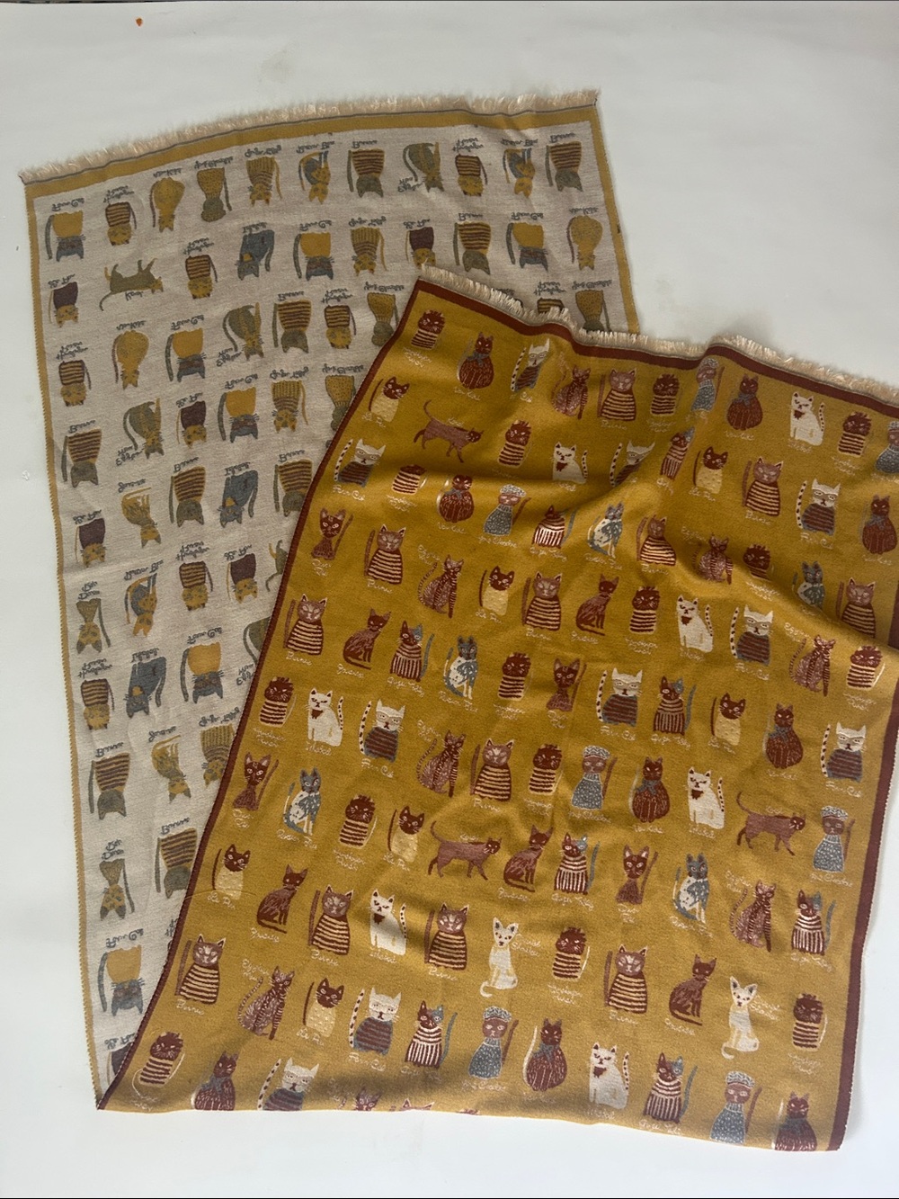 Mustard Cat Print Scarf - Very Soft Cashmere like feel